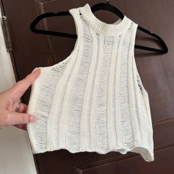 PEPPERMAYO | cream shredded High Neck sleeveless Crop sweater | XS / Small - Picture 2 of 5